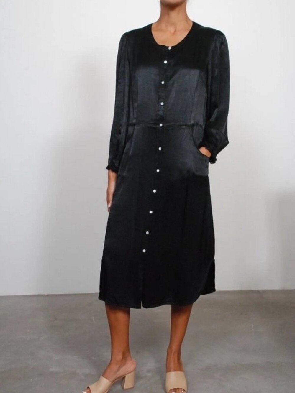 Raquel Allegra Black Button Front Midi Shirt Dress Size 2